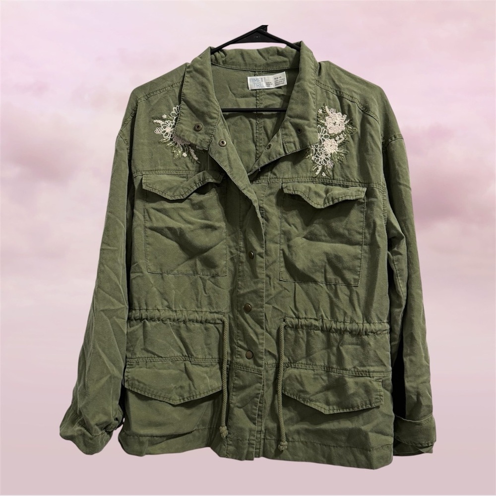 Time and Tru Olive Green Floral-Embroidered Utility Jacket Size M